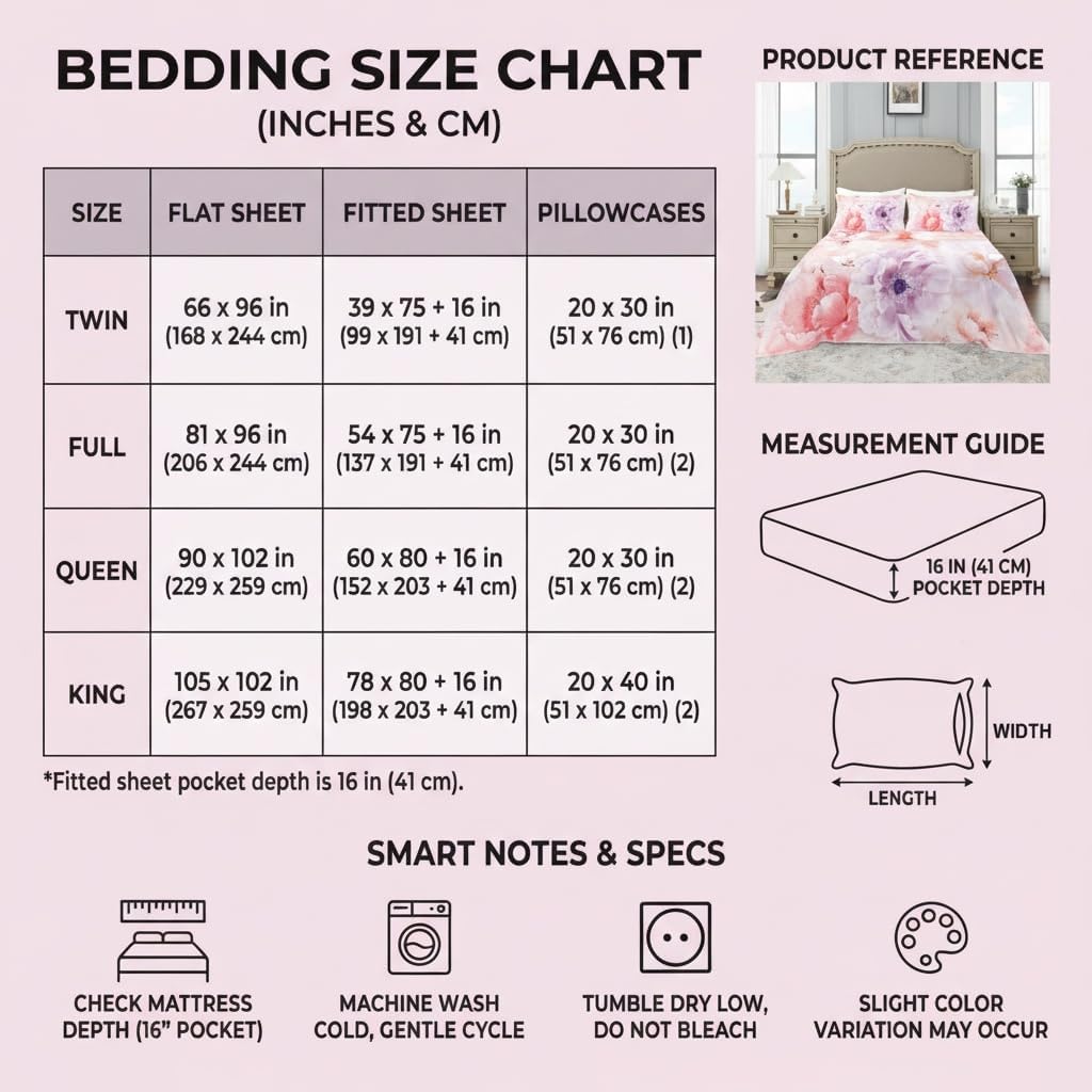 Floral Bed Sheet Set, Queen Size, 4PC