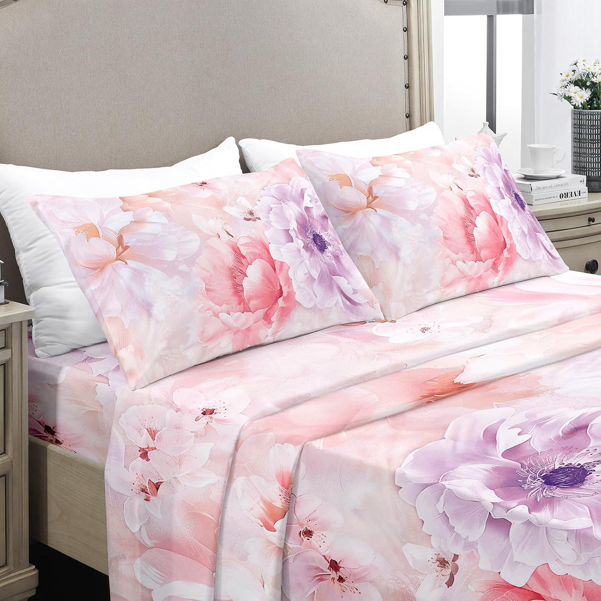 Floral Bed Sheet Set, Queen Size, 4PC