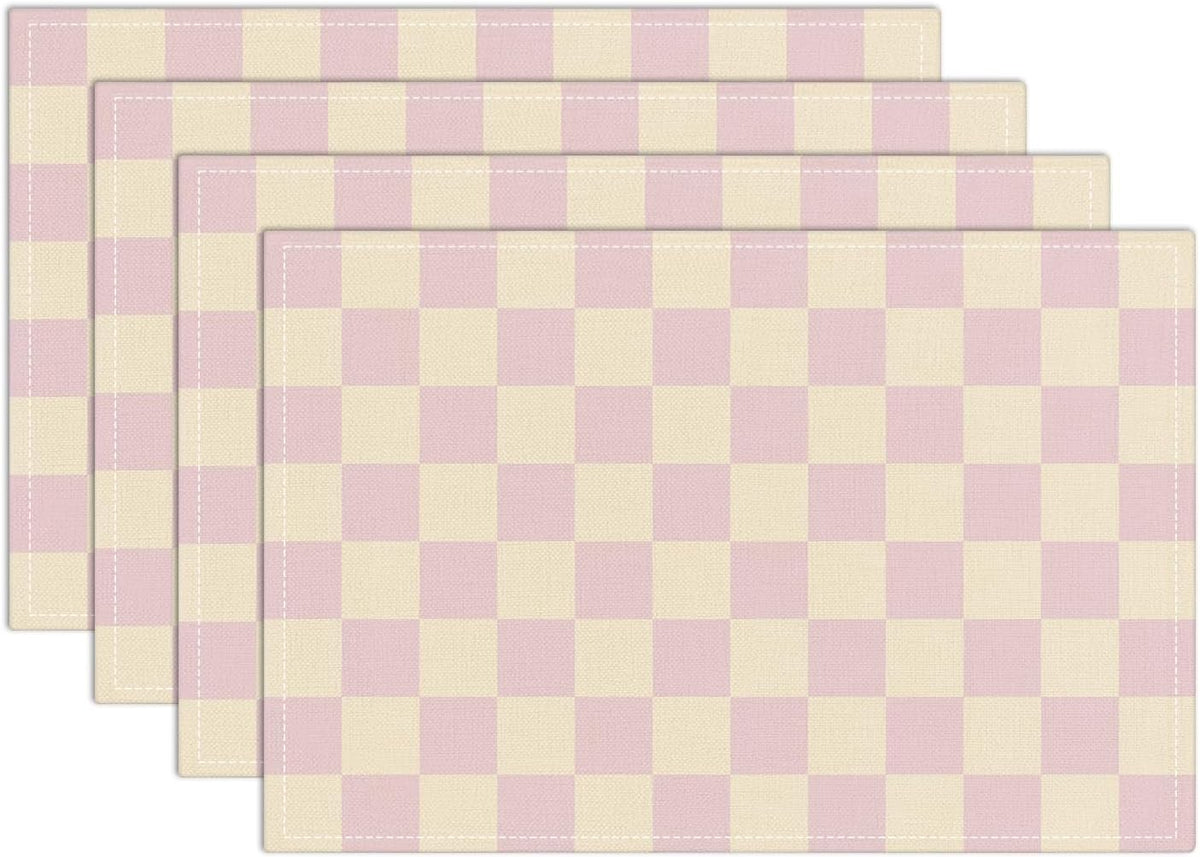 Pink Beige Checkered Mats Set of 4 Waterproof Placemats, Washable Placemats, Heat Resistant Non-Slip Place Mats for Indoor Outdoor Decoration, Dinner Kitchen Wedding Party Holiday Décor-13