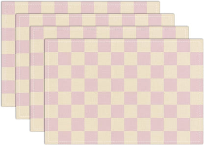 Pink Beige Checkered Mats Set of 4 Waterproof Placemats, Washable Placemats, Heat Resistant Non-Slip Place Mats for Indoor Outdoor Decoration, Dinner Kitchen Wedding Party Holiday Décor-13