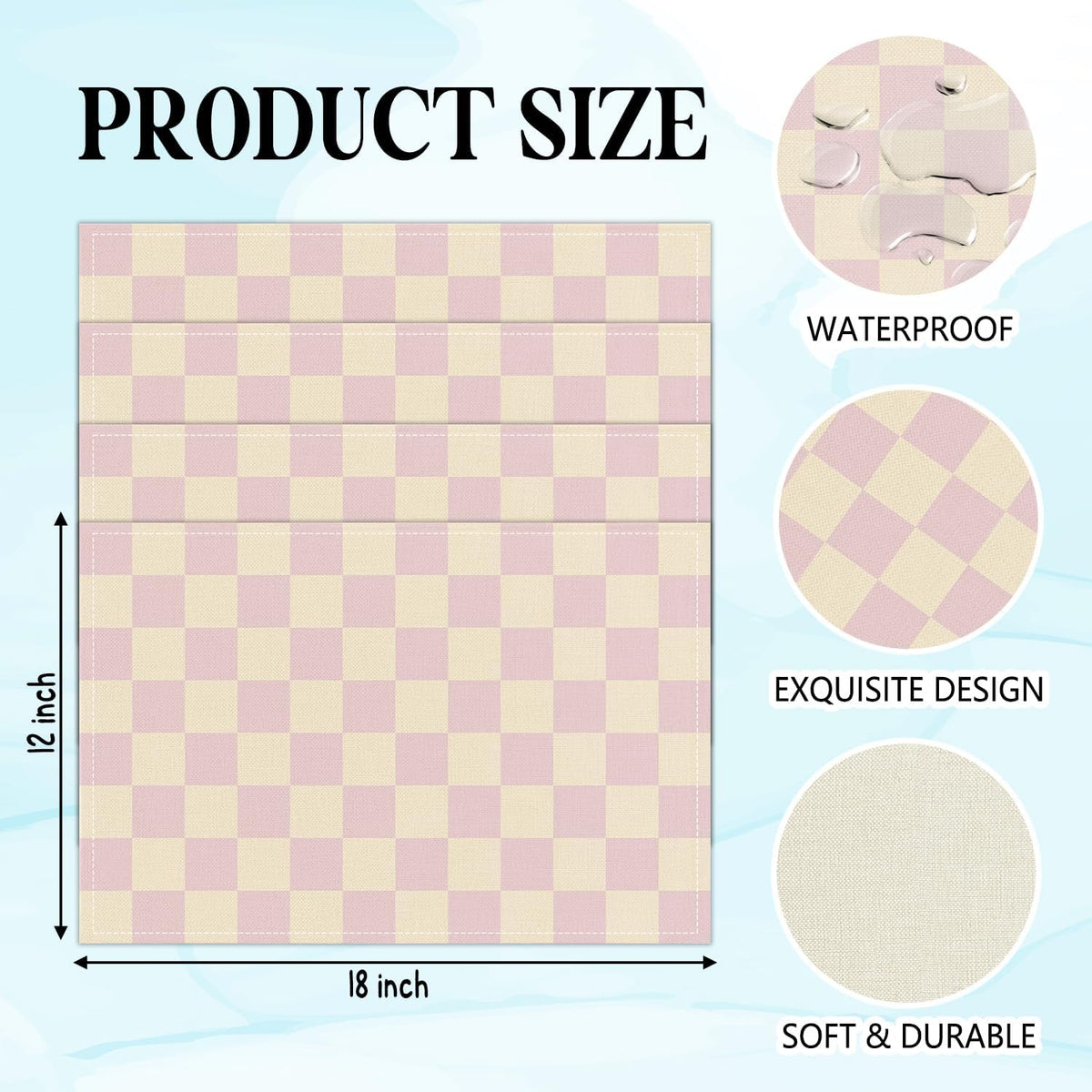Pink Beige Checkered Mats Set of 4 Waterproof Placemats, Washable Placemats, Heat Resistant Non-Slip Place Mats for Indoor Outdoor Decoration, Dinner Kitchen Wedding Party Holiday Décor-13