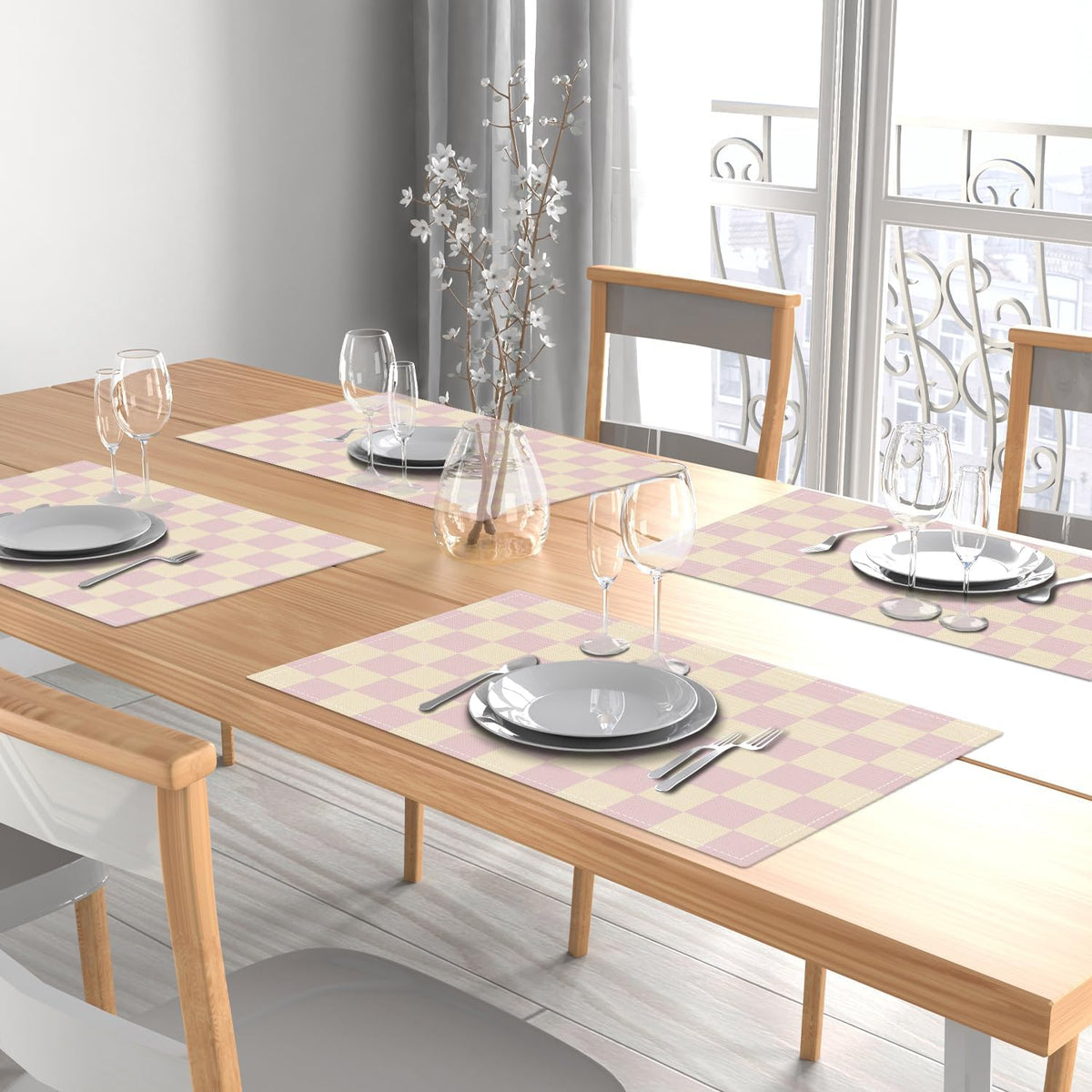 Pink Beige Checkered Mats Set of 4 Waterproof Placemats, Washable Placemats, Heat Resistant Non-Slip Place Mats for Indoor Outdoor Decoration, Dinner Kitchen Wedding Party Holiday Décor-13