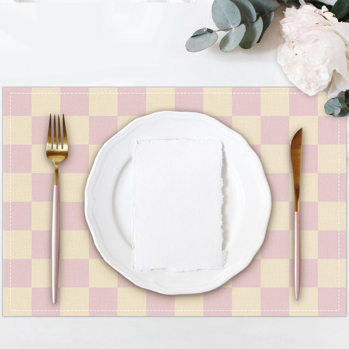 Pink Beige Checkered Mats Set of 4 Waterproof Placemats, Washable Placemats, Heat Resistant Non-Slip Place Mats for Indoor Outdoor Decoration, Dinner Kitchen Wedding Party Holiday Décor-13