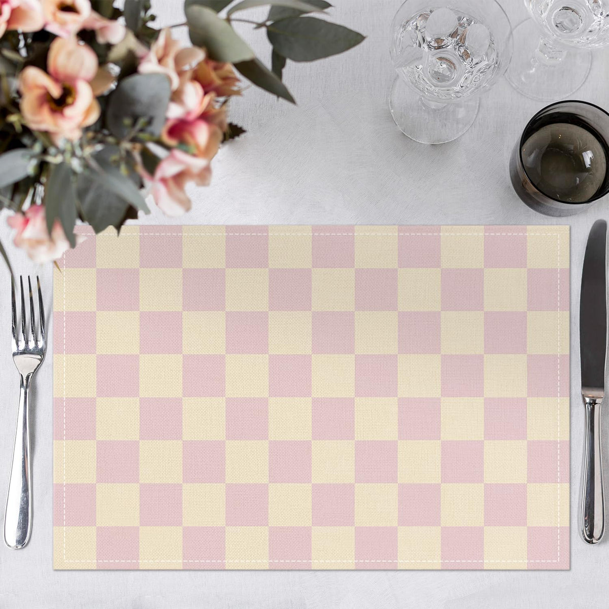 Pink Beige Checkered Mats Set of 4 Waterproof Placemats, Washable Placemats, Heat Resistant Non-Slip Place Mats for Indoor Outdoor Decoration, Dinner Kitchen Wedding Party Holiday Décor-13