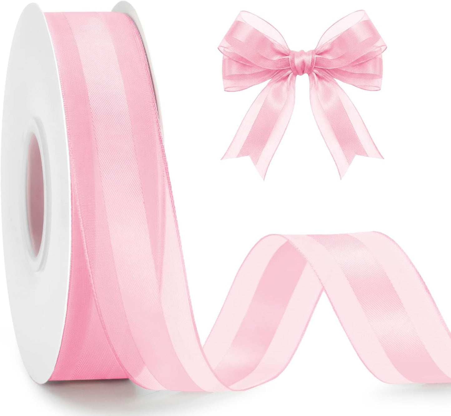 Light Pink Satin Ribbon - 1 Inch x 50 Yards Pink Organza Ribbon for Gift Wrapping Pastel Pink Chiffon Ribbon for Crafts Bouquet Wedding Bridal Shower Baby Shower Birthday Mother's Day Decor