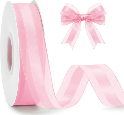 Light Pink Satin Ribbon - 1 Inch x 50 Yards Pink Organza Ribbon for Gift Wrapping Pastel Pink Chiffon Ribbon for Crafts Bouquet Wedding Bridal Shower Baby Shower Birthday Mother's Day Decor