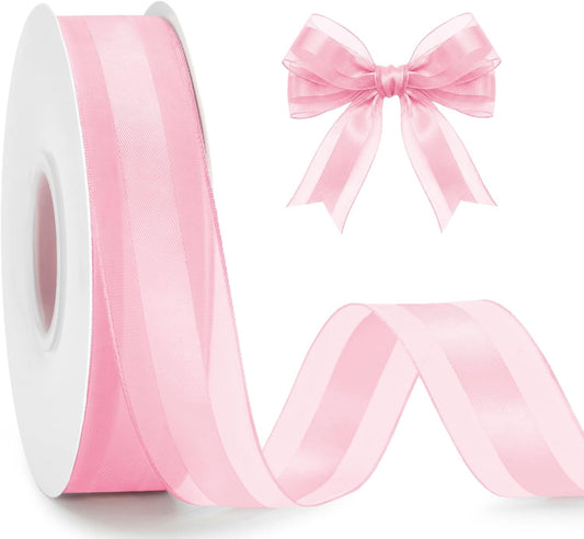 Light Pink Satin Ribbon - 1 Inch x 50 Yards Pink Organza Ribbon for Gift Wrapping Pastel Pink Chiffon Ribbon for Crafts Bouquet Wedding Bridal Shower Baby Shower Birthday Mother's Day Decor