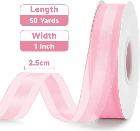 Light Pink Satin Ribbon - 1 Inch x 50 Yards Pink Organza Ribbon for Gift Wrapping Pastel Pink Chiffon Ribbon for Crafts Bouquet Wedding Bridal Shower Baby Shower Birthday Mother's Day Decor