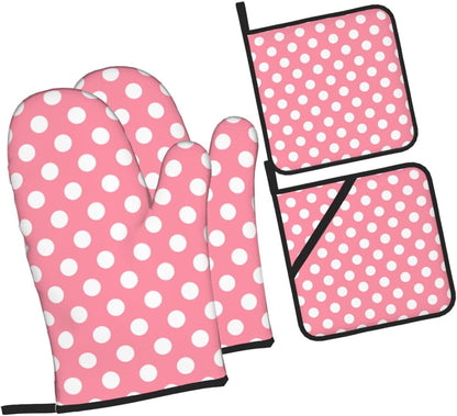 Light Pink Polka Dot Print (a) Oven Mitts and Pot Holders 4Pcs Set, Heat Resistant Silicone Oven Mitts Pot Holders for Kitchen Cooking Baking, Non-Slip Hot Pads Potholders Gloves