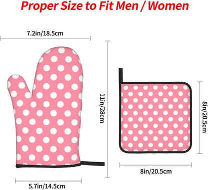 Light Pink Polka Dot Print (a) Oven Mitts and Pot Holders 4Pcs Set, Heat Resistant Silicone Oven Mitts Pot Holders for Kitchen Cooking Baking, Non-Slip Hot Pads Potholders Gloves
