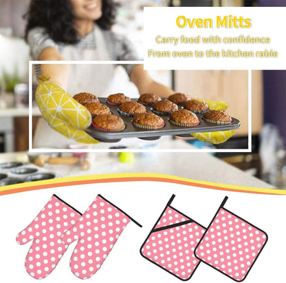 Light Pink Polka Dot Print (a) Oven Mitts and Pot Holders 4Pcs Set, Heat Resistant Silicone Oven Mitts Pot Holders for Kitchen Cooking Baking, Non-Slip Hot Pads Potholders Gloves