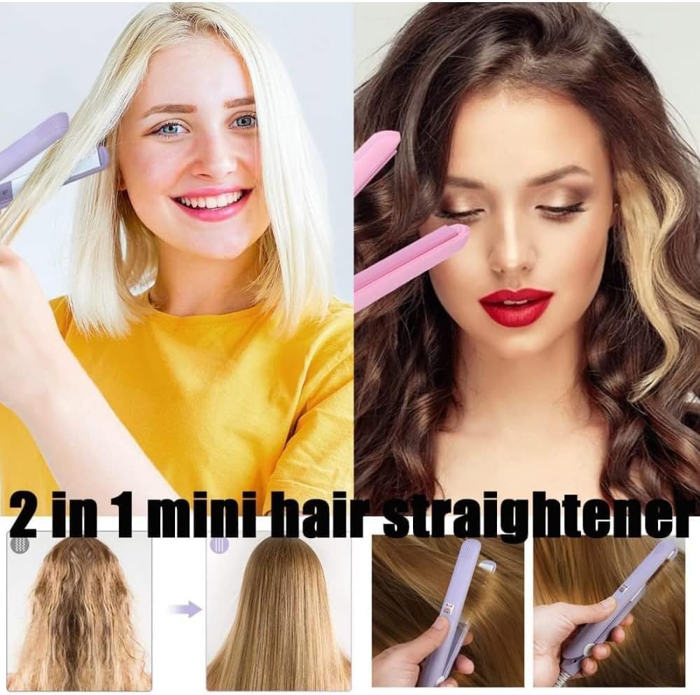Mini Hair Curler, Ceramic Curler for Short and Fine Hair, 2 in 1 Mini Straightener with Travel Box, Hair Styling Tools