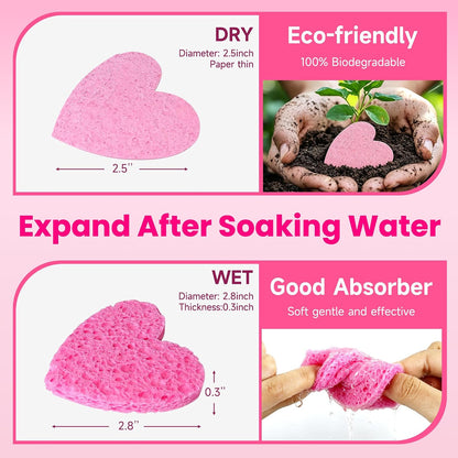 120Pcs Compressed Cellulose Sponges, Heart-Shape Exfoliating