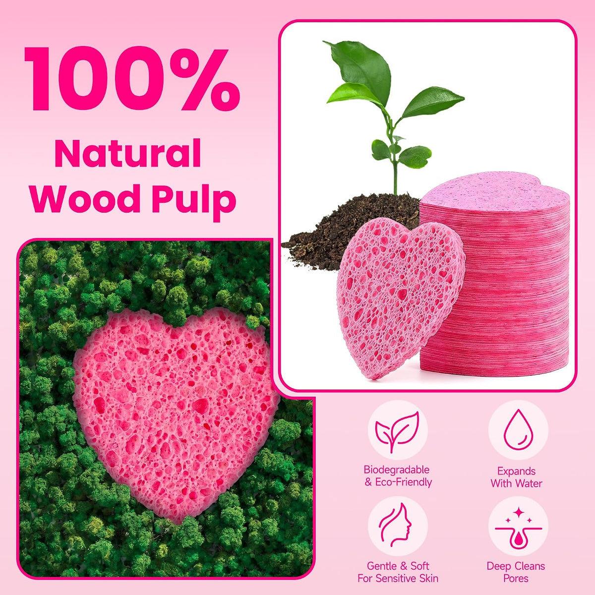120Pcs Compressed Cellulose Sponges, Heart-Shape Exfoliating