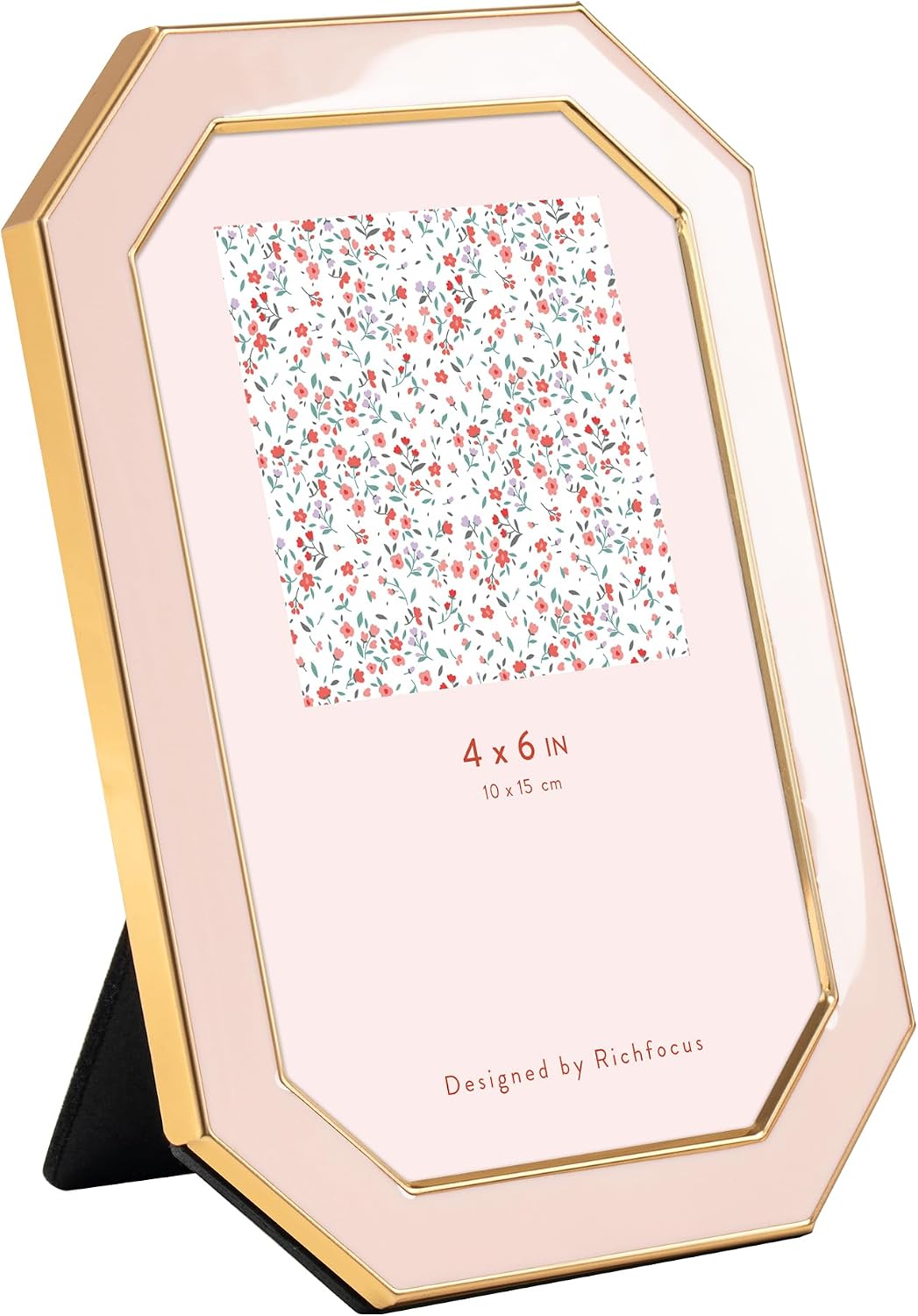 4x6 Enamel Picture Frame with HD-Tempered Glass, Octagon Photo Frame with Gold Metal Edge and Velvet Back for Tabletop and Wall Mount Display, Pink