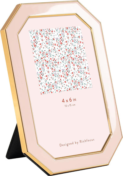4x6 Enamel Picture Frame with HD-Tempered Glass, Octagon Photo Frame with Gold Metal Edge and Velvet Back for Tabletop and Wall Mount Display, Pink