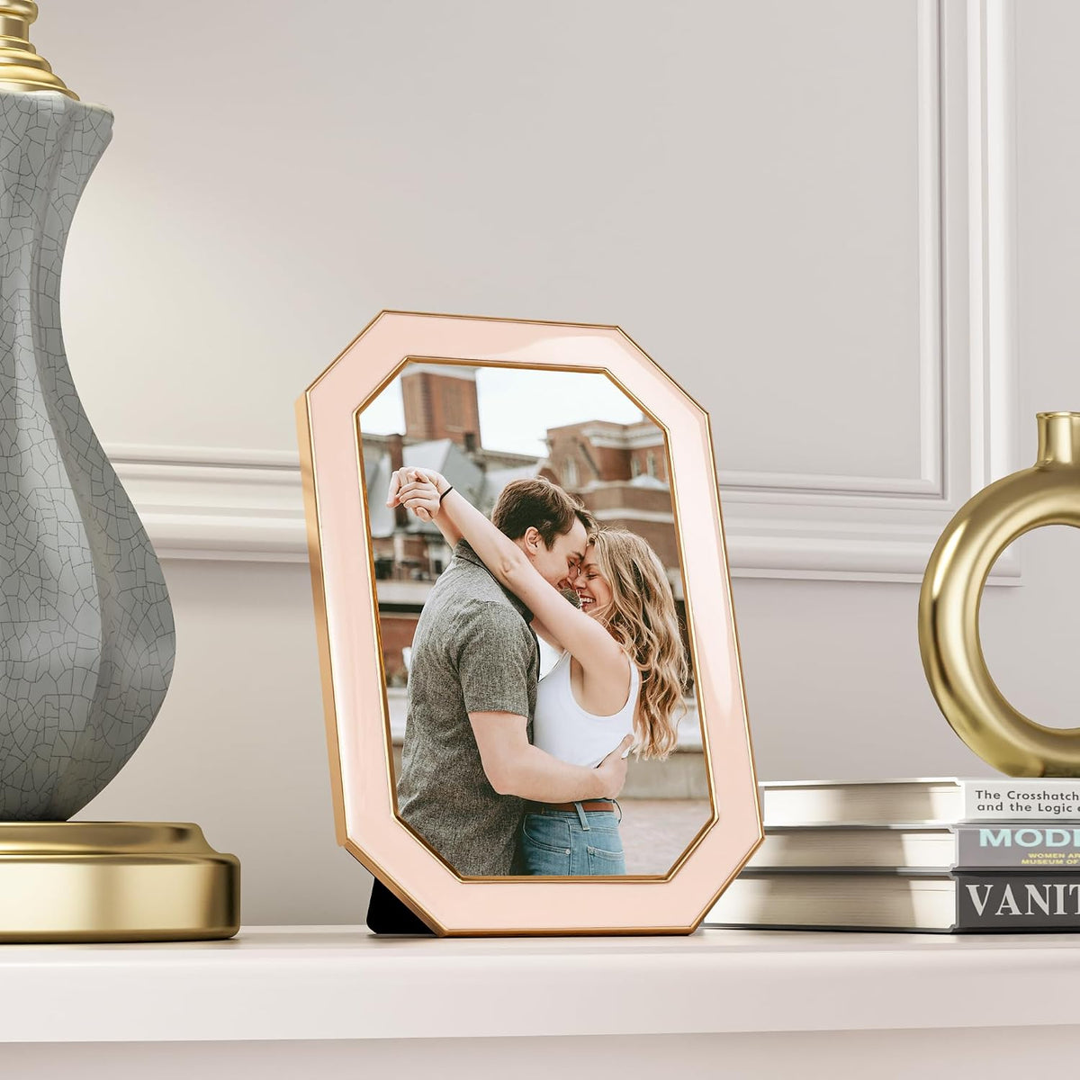 4x6 Enamel Picture Frame with HD-Tempered Glass, Octagon Photo Frame with Gold Metal Edge and Velvet Back for Tabletop and Wall Mount Display, Pink