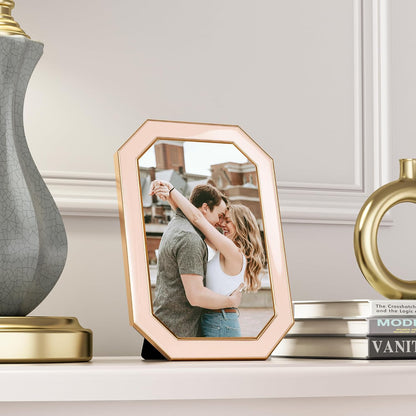 4x6 Enamel Picture Frame with HD-Tempered Glass, Octagon Photo Frame with Gold Metal Edge and Velvet Back for Tabletop and Wall Mount Display, Pink