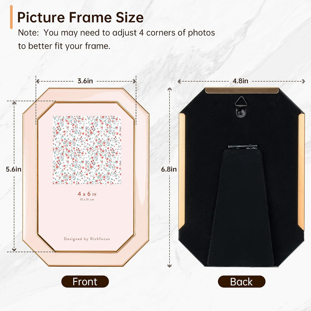 4x6 Enamel Picture Frame with HD-Tempered Glass, Octagon Photo Frame with Gold Metal Edge and Velvet Back for Tabletop and Wall Mount Display, Pink