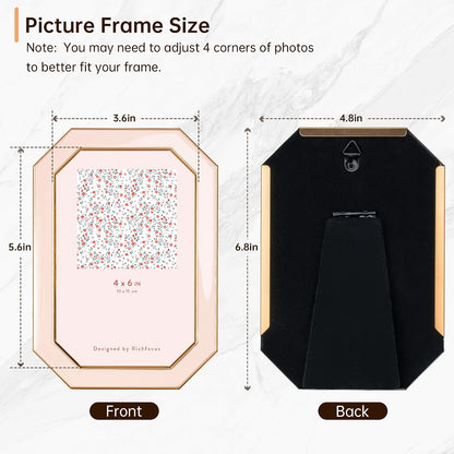 4x6 Enamel Picture Frame with HD-Tempered Glass, Octagon Photo Frame with Gold Metal Edge and Velvet Back for Tabletop and Wall Mount Display, Pink