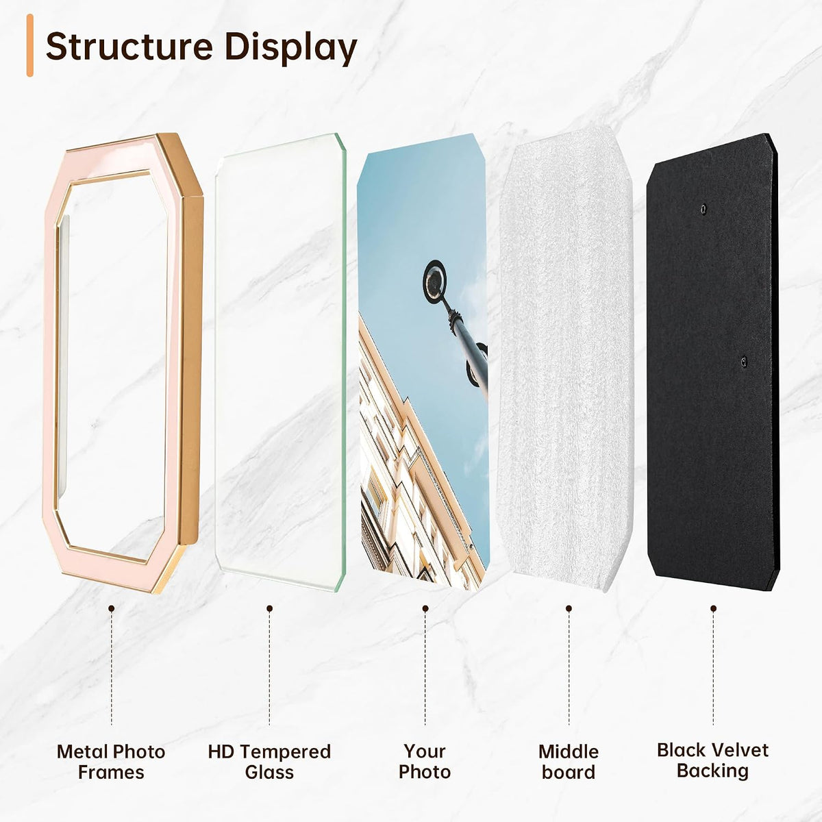 4x6 Enamel Picture Frame with HD-Tempered Glass, Octagon Photo Frame with Gold Metal Edge and Velvet Back for Tabletop and Wall Mount Display, Pink