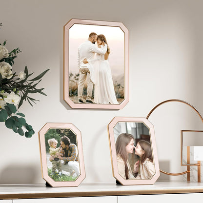 4x6 Enamel Picture Frame with HD-Tempered Glass, Octagon Photo Frame with Gold Metal Edge and Velvet Back for Tabletop and Wall Mount Display, Pink