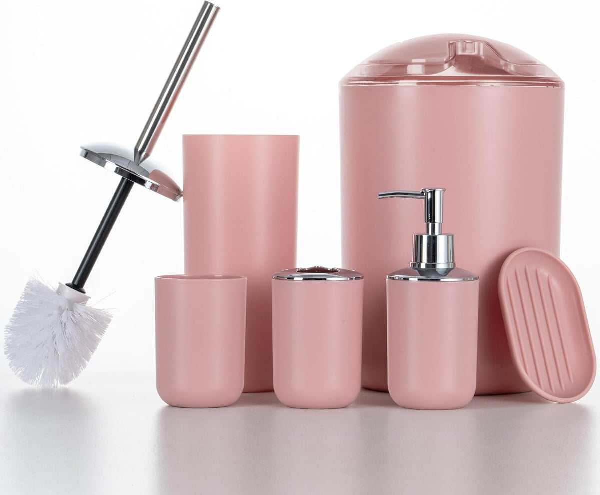 Bathroom Accessories Set 6 Piece Bath Ensemble Includes Toothbrush Holder, Soap Dispenser for Decorative Countertop and Housewarming Gift, Pink