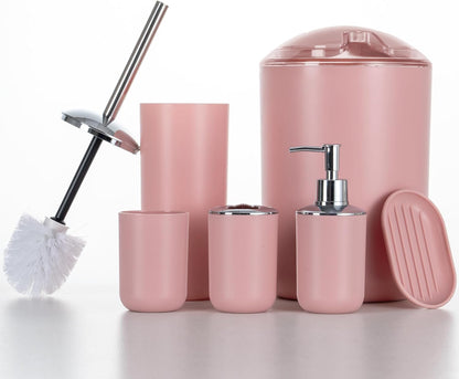 Bathroom Accessories Set 6 Piece Bath Ensemble Includes Toothbrush Holder, Soap Dispenser for Decorative Countertop and Housewarming Gift, Pink