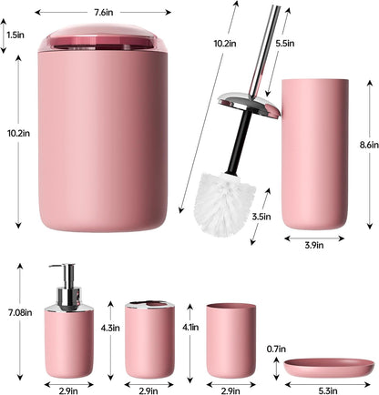 Bathroom Accessories Set 6 Piece Bath Ensemble Includes Toothbrush Holder, Soap Dispenser for Decorative Countertop and Housewarming Gift, Pink