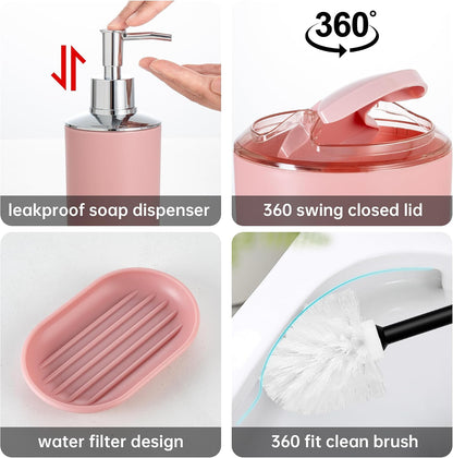 Bathroom Accessories Set 6 Piece Bath Ensemble Includes Toothbrush Holder, Soap Dispenser for Decorative Countertop and Housewarming Gift, Pink