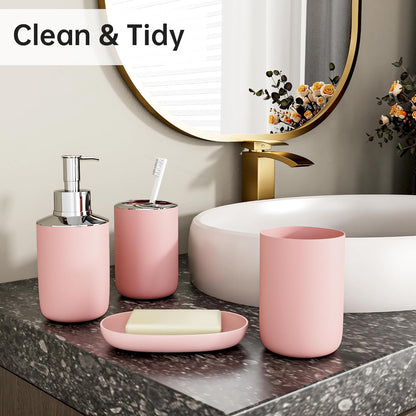 Bathroom Accessories Set 6 Piece Bath Ensemble Includes Toothbrush Holder, Soap Dispenser for Decorative Countertop and Housewarming Gift, Pink
