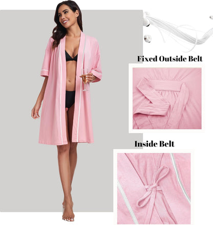 Womens 100% Cotton Robes Lightweight Summer Short Sleeve Lady Bathrobe Knee Length Kimono Robe Sleepwear with Pockets