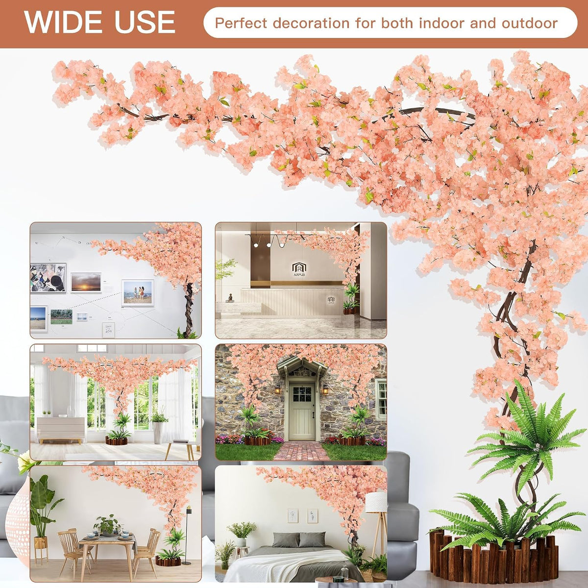 4 Pack 6.5 FT Champagne Pink Cherry Blossom Vines with LED Lights