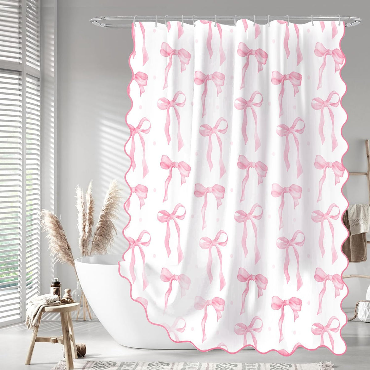 Girls Pink Bow Shower Curtain with Scalloped for Preppy Bathroom Decor,Cute Ruffle Girly Shower Curtains,Coquettecute Chic Aesthetic Shower Curtain Set with Hooks 72x72 Inch