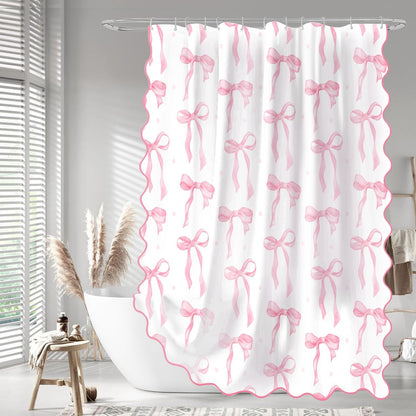 Girls Pink Bow Shower Curtain with Scalloped for Preppy Bathroom Decor,Cute Ruffle Girly Shower Curtains,Coquettecute Chic Aesthetic Shower Curtain Set with Hooks 72x72 Inch
