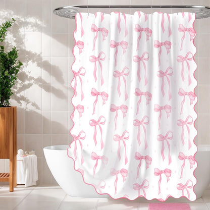 Girls Pink Bow Shower Curtain with Scalloped for Preppy Bathroom Decor,Cute Ruffle Girly Shower Curtains,Coquettecute Chic Aesthetic Shower Curtain Set with Hooks 72x72 Inch