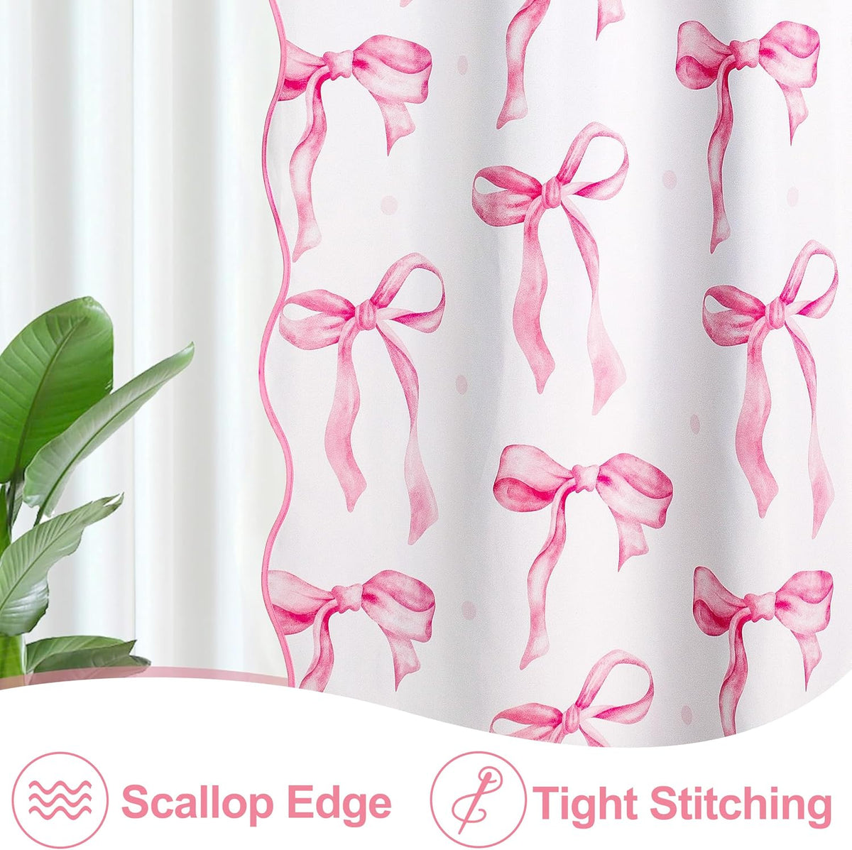 Girls Pink Bow Shower Curtain with Scalloped for Preppy Bathroom Decor,Cute Ruffle Girly Shower Curtains,Coquettecute Chic Aesthetic Shower Curtain Set with Hooks 72x72 Inch