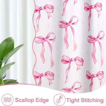Girls Pink Bow Shower Curtain with Scalloped for Preppy Bathroom Decor,Cute Ruffle Girly Shower Curtains,Coquettecute Chic Aesthetic Shower Curtain Set with Hooks 72x72 Inch