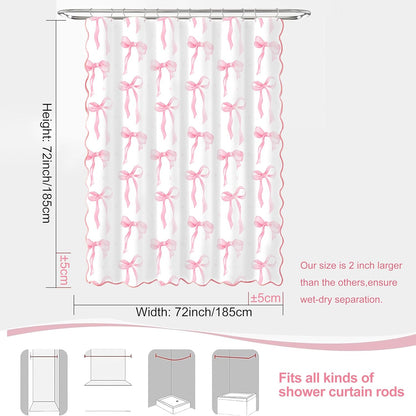 Girls Pink Bow Shower Curtain with Scalloped for Preppy Bathroom Decor,Cute Ruffle Girly Shower Curtains,Coquettecute Chic Aesthetic Shower Curtain Set with Hooks 72x72 Inch