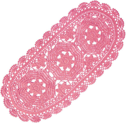 Oval Lace Doilies Width 9" to 11", Length 22" to 23" Handmade Crochet Thanksgiving Table Runner Flower Kitchen Placemats (Pink, 1)