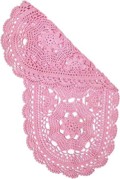 Oval Lace Doilies Width 9" to 11", Length 22" to 23" Handmade Crochet Thanksgiving Table Runner Flower Kitchen Placemats (Pink, 1)