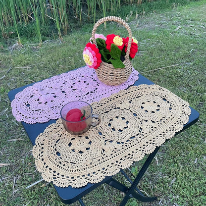 Oval Lace Doilies Width 9" to 11", Length 22" to 23" Handmade Crochet Thanksgiving Table Runner Flower Kitchen Placemats (Pink, 1)