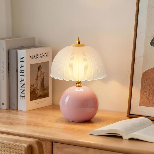Mushroom Table Lamp, Ceramic Bedside Lamp with Glass Shade, 3-Way Lighting (2700K-5000K) Rocker Switch, Small Nightstand Lamp for Bedroom, Living Room, Office, Pink