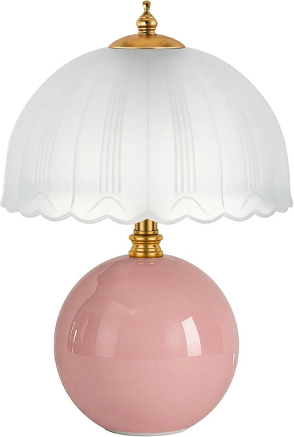 Mushroom Table Lamp, Ceramic Bedside Lamp with Glass Shade, 3-Way Lighting (2700K-5000K) Rocker Switch, Small Nightstand Lamp for Bedroom, Living Room, Office, Pink