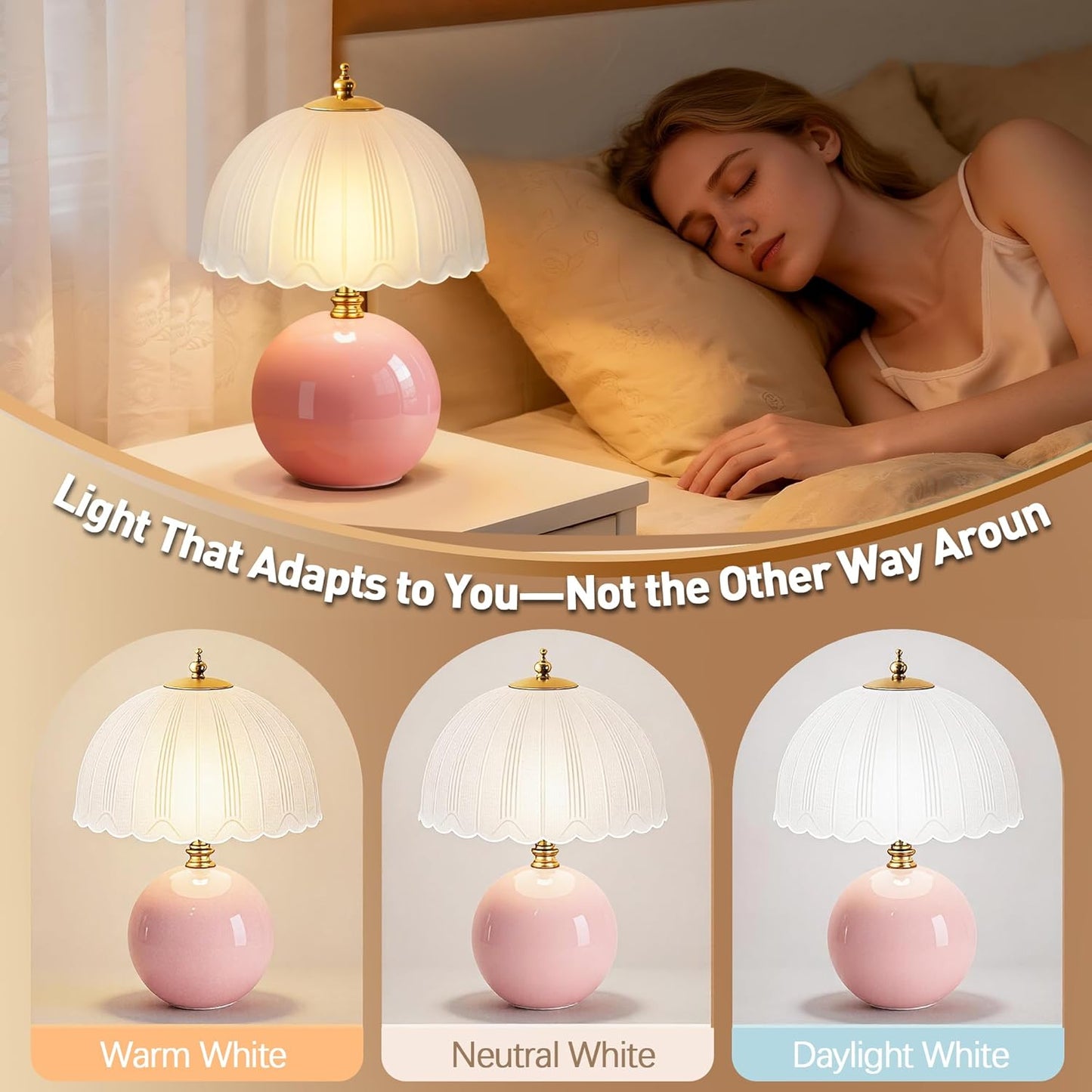 Mushroom Table Lamp, Ceramic Bedside Lamp with Glass Shade, 3-Way Lighting (2700K-5000K) Rocker Switch, Small Nightstand Lamp for Bedroom, Living Room, Office, Pink