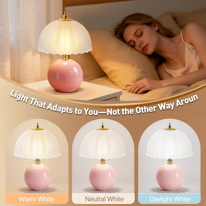 Mushroom Table Lamp, Ceramic Bedside Lamp with Glass Shade, 3-Way Lighting (2700K-5000K) Rocker Switch, Small Nightstand Lamp for Bedroom, Living Room, Office, Pink