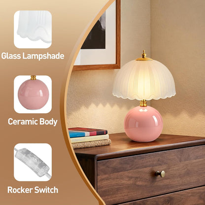 Mushroom Table Lamp, Ceramic Bedside Lamp with Glass Shade, 3-Way Lighting (2700K-5000K) Rocker Switch, Small Nightstand Lamp for Bedroom, Living Room, Office, Pink
