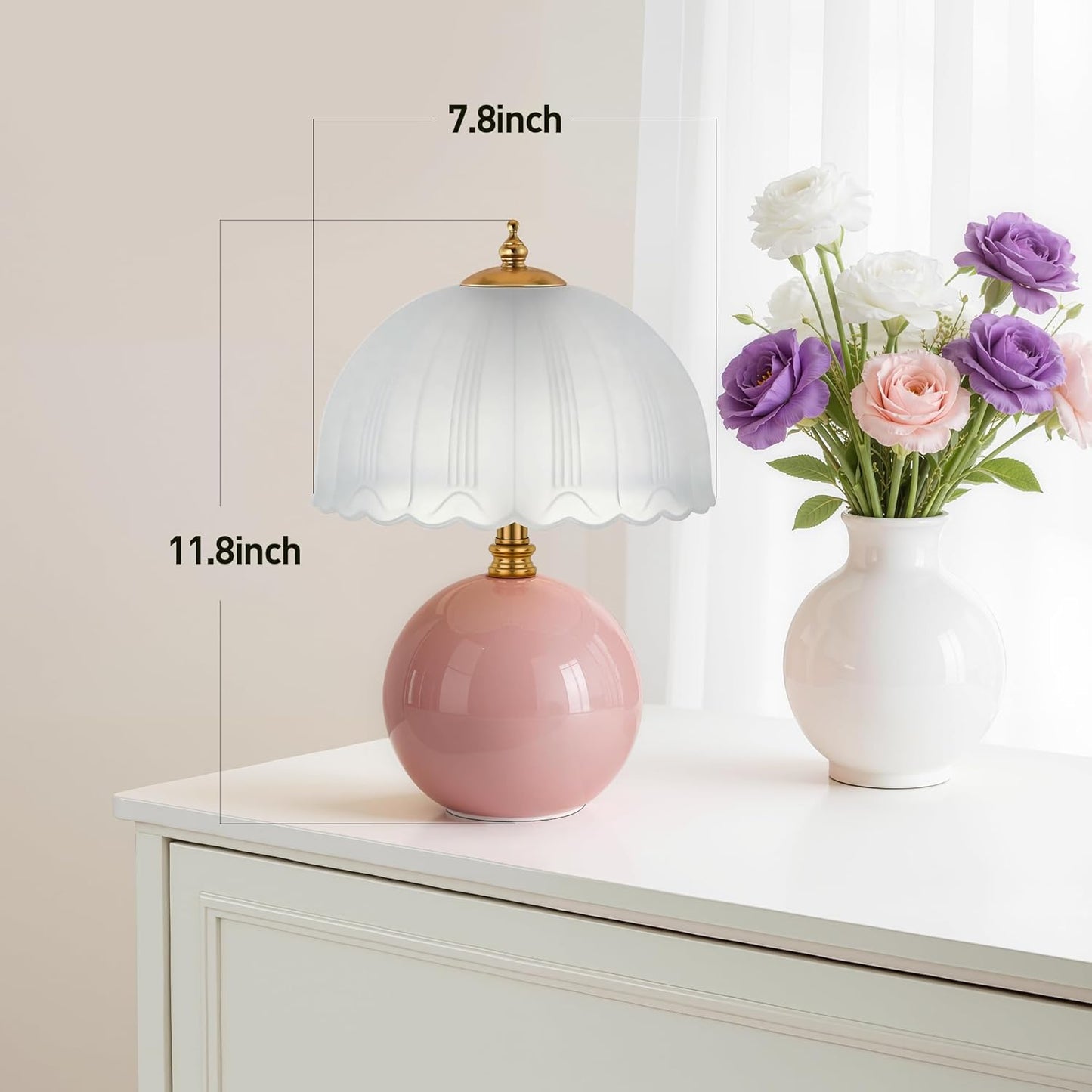 Mushroom Table Lamp, Ceramic Bedside Lamp with Glass Shade, 3-Way Lighting (2700K-5000K) Rocker Switch, Small Nightstand Lamp for Bedroom, Living Room, Office, Pink