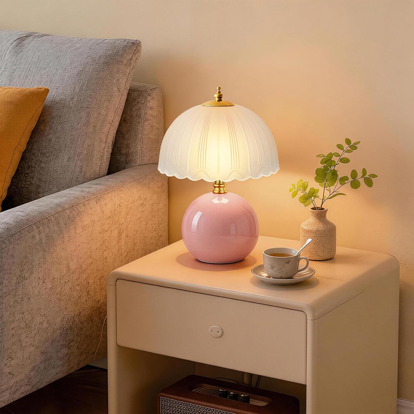 Mushroom Table Lamp, Ceramic Bedside Lamp with Glass Shade, 3-Way Lighting (2700K-5000K) Rocker Switch, Small Nightstand Lamp for Bedroom, Living Room, Office, Pink
