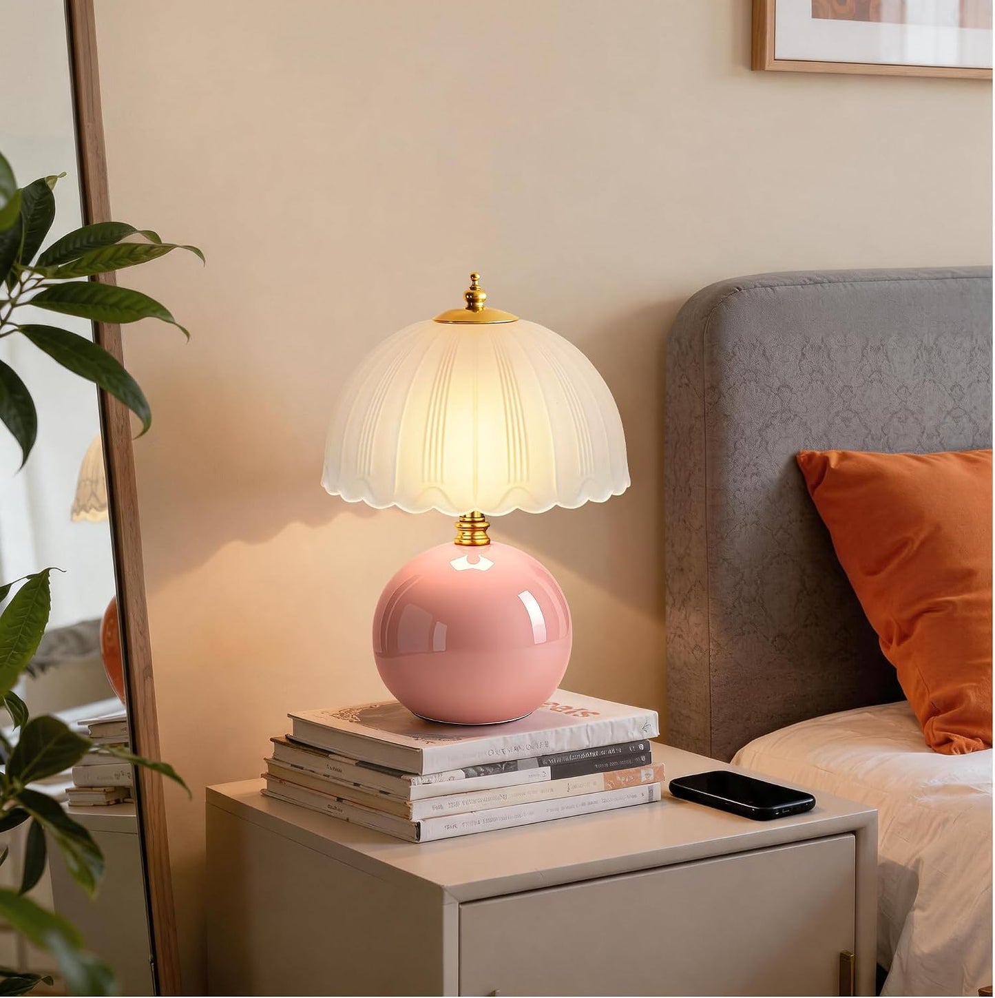 Mushroom Table Lamp, Ceramic Bedside Lamp with Glass Shade, 3-Way Lighting (2700K-5000K) Rocker Switch, Small Nightstand Lamp for Bedroom, Living Room, Office, Pink